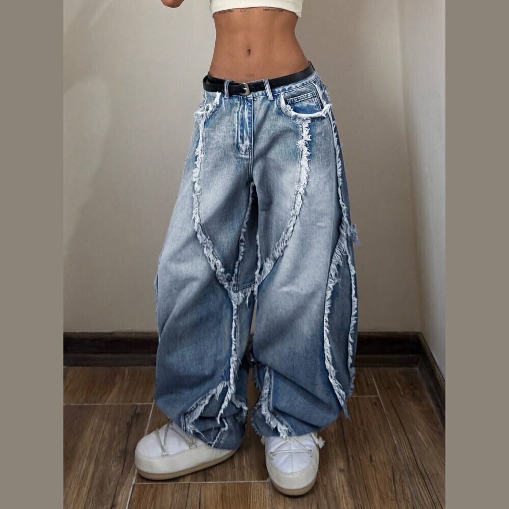 Blue Denim Distressed Frayed Trim Ultra Wide Leg Baggy Jeans